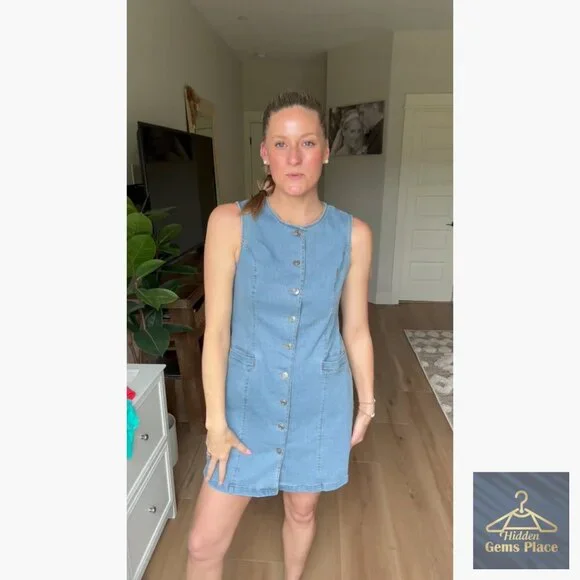 Denim Mini Dress Sleeveless Button Down Pocket Casual Summer - Picture 7 of 7